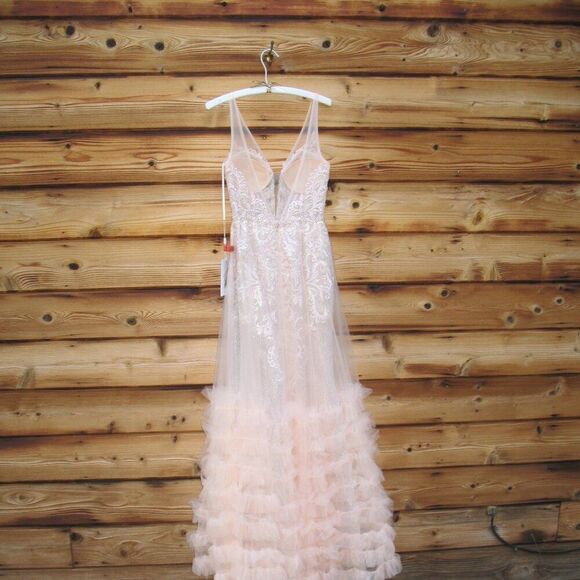 $998 Mac Duggal 11183 Lace Ruffle Tiered Plunge Neck Gown Dress Peach 4 - Picture 10 of 13